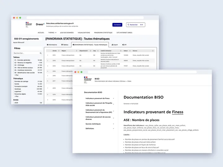Le panorama statistique sur data.drees et la documentation de la Base Indicateurs Sociaux