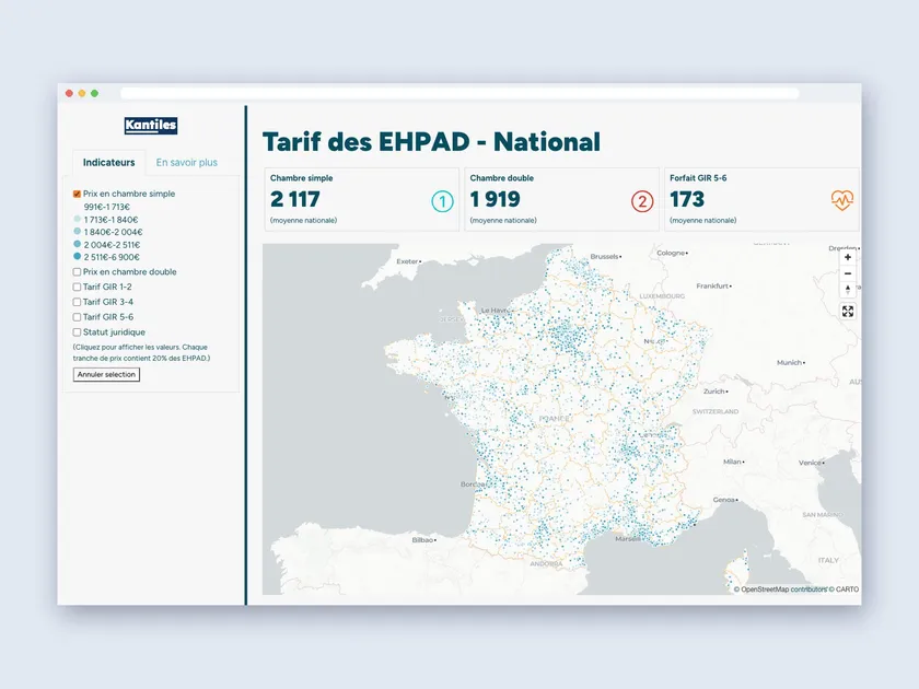Carte des tarifs des EHPAD en France, avec les prix moyens en chambre simple et double