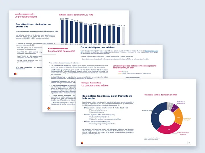 Trois slides du panorama : évolution des effectifs salariés, caractéristiques des métiers commerciaux et principales familles de métiers