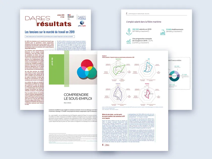 Pages de publications : Dares Résultats sur les tensions en 2019, tableau de la filière maritime, Unédic « Comprendre le sous-emploi »